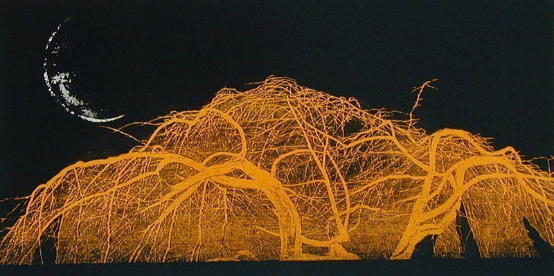 New Moon Weeping Old Cherry Tree (yellow) by Yoshikazu Tanaka