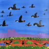 Red-bum birds flying West on a bright blue sky with coloured landscape and birds below.