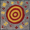 Abstract design with yellow and red central spiral, surrounded by yellow and red marks on a grey, patterned background.